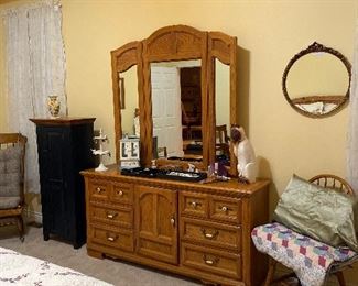 Country Oak dresser with bi-fold mirror and matching Armoire and nightstand