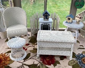 wicker side chair and footrest, coffee table and stool