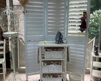 decorative standing birdcage and white shutter room divider or a privacy wall, ironing board roller cart with 3 wicker basket 