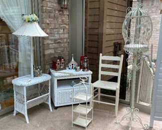 wicker side lamp table,  roller cart, and assorted bird houses