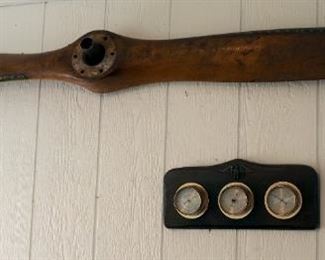 Antique Wood Airplane Propeller 74" With Metal Trim And Springfield Weather Station