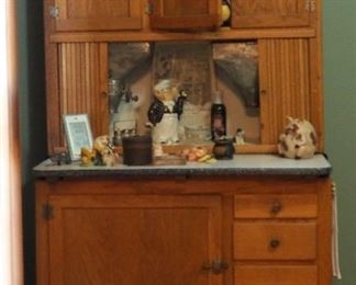 Antique Solid Wood Four Door Hoosier Cabinet With Enamelware Counter Top and Flour Sifters 72"x41"x22"