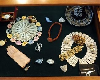 Costume Jewelry Including Waltham Pocket Watch With Carrying Case, Rhinestone Broaches, Bracelets, Carved Stone Pendant Necklace