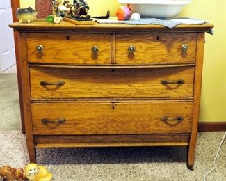 Antique Solid Wood Four Drawer Dresser, Dovetail Construction And Wood Casters, 33"x40"x21.5",