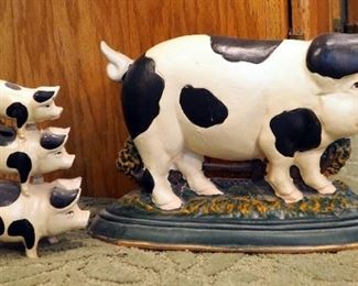 Painted Cast Iron Pig Doorstops Qty 2, 9"x12" And 7"x5"