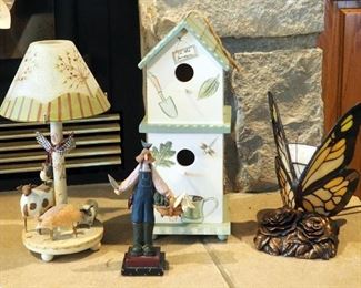 Stained Glass Butterfly Lamp, Nature Wood Birdhouse, And Farm Animal Votive Lamp With Painted Glass Shade