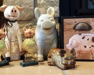 "Pig" Decor Including Storage Box, Glazed Pottery Pigs And Cast Resin Pigs, Qty 6 Total Pieces
