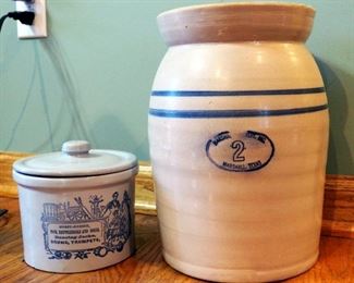 Marshall Pottery 2-Gal Butter Crock 12"x8" And Hobby Horse Butter Crock With Lid