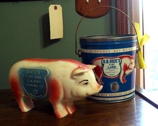 Vintage R.B. Rice's Piggy Bank And Metal 4lb Lard Tin