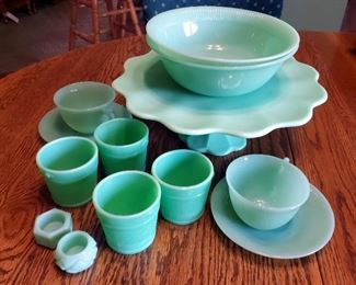 Vintage Fire King Jadeite 10" Cake Plate, 8" Bowls, Teacup And Saucer Sets, Green Glass Baskets And Salt Savers, 13 Total Pieces