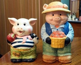 International Art 11" Pig Cookie Jar And 14" Farmer Pig Cookie Jar Marked "Mexico"