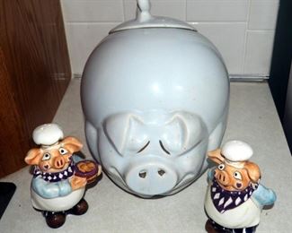 Vintage McCoy Pottery Quigley Pig Cookie Jar 9" Tall With Ceramic Pig Salt And Pepper Shakers