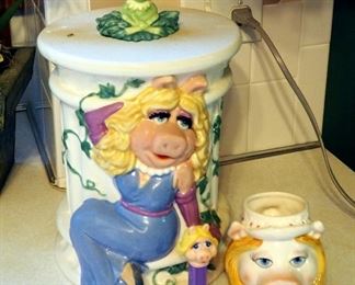 Vintage Miss Piggy And Kermit Henson Cookie Jar 12" Tall, McDonald's Collector's Miss Piggy Glasses, Sigma Miss Piggy Mug And Pez Dispenser