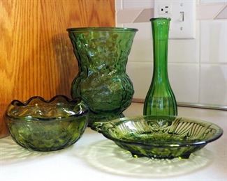Green Depression Glass Serving Dishes, Green Dimpled Glass Vase, Holiday Stemware Candlesticks And More
