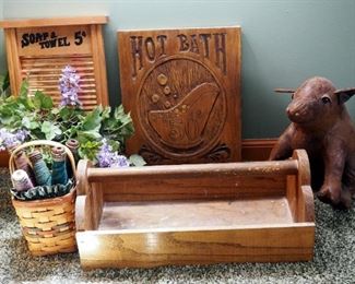 Carved "Hot Bath" Wall Plaque, Decorative Copper Washboard, Faux Leather Pig, Wood Toolbox And More