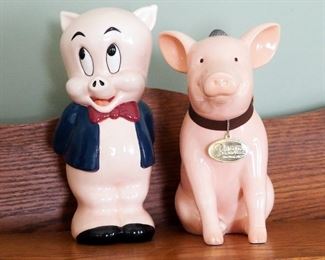 Ceramic Porky Pig Piggy Bank Marked TM Copyright '94 WB (Warner Bros) 9.5" Tall, And "Babe The Sheep Pig" Ceramic Piggy Bank 8.5" Tall