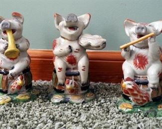 Vintage Japanese Painted Porcelain Pig Three Piece Band Figures