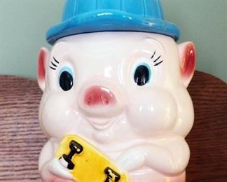 Vintage Japanese 1950's Porky Pig Cookie Jar With Skateboard And Hardhat 10.5"