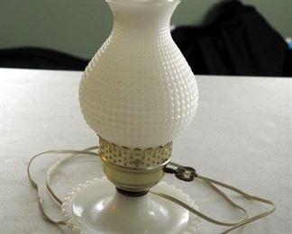 Hobnail Milk Glass Vanity Lamp, Milk Glass Tray And Stemmed Dish, Art Glass Bud Vase, And Carnival Glass Bowl