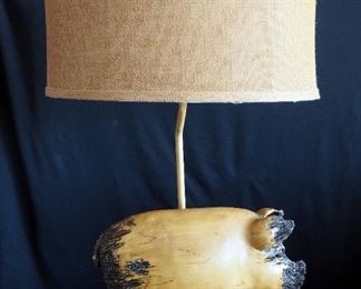 Decorative Wood Pig Table Lamp With Oval Burlap Shade, Measures 28" Tall