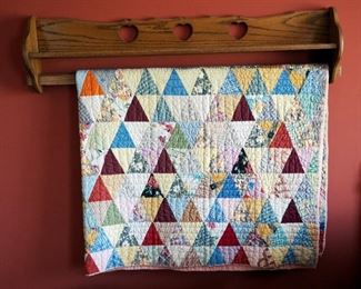 Antique Hand Sewn Patch Quilt, 78"x66" Includes Wood Display Rack, 48" Long