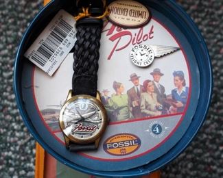 Wings Of Texaco Ad Poster 12"x36", Framed Piper Cub Matchbook Covers, Fossil Aero-Pilot Collector's Watch, And Decorative Wood Box