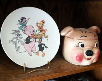 Vintage Deforest Pig Bust Cookie Jar And Warner Bros Melamine Plate