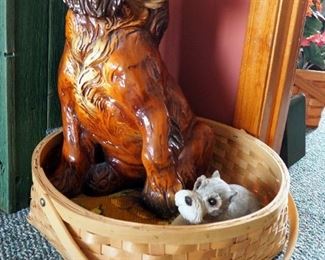 Vintage Painted Cast Cocker Spaniel Statue 17" Tall, Sandicast Schnauzer Sculpture, And Woven Basket With Pillow