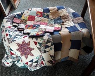 Hand Sewn Patchwork Star Quilt 82"x84", Knotted Patch Quilt And Quilted Place Mats