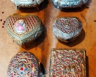 Vintage Japanese Metal Trinket Jewelry Boxes With Punched Scroll Lids, Qty 6