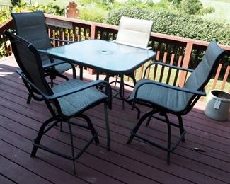 Bar Height Metal Framed Patio Table 34" x 36" x 36", With 4 Matching Swivel Chairs