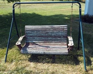 Freestanding Wood Porch Swing And Metal Park Bench
