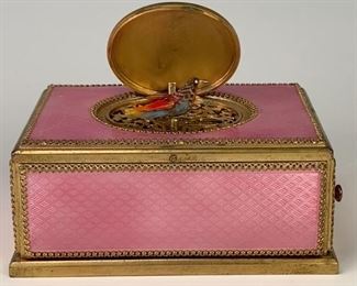 Pink Guilloche Enamel & Bronze Singing Bird Box