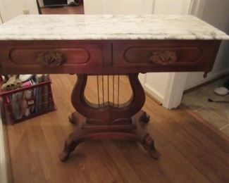 Marble Top Harp Window Table Rose Carved