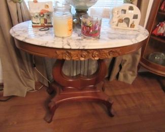 Marble Top Rose Carved Harp Table