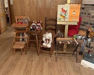 Vintage cane seat chair,  high chair, stools, luggage rack, easel and more