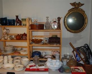 Chocolate set, milk glass punch bowl and cups, tennis rackets, sets of china, decanter and more