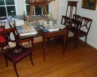 Needlepoint chairs-set of 6 and table, Dough bowl on legs