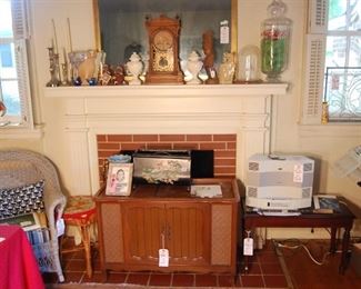 Mid Century Stereo console, girl scout photos and her pins