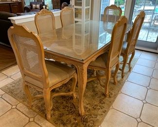 36. Carved French Provincial Dining Table w/ Protective Glass Top (72" x 42" x 30") and 6 Side Chairs (21" x 19" x 43")
