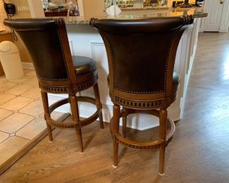 41. Pair of Swivel Bar Chairs w/ Carved Base & Nailhead Detail (20" x 20" x 45") (seat ht 30")