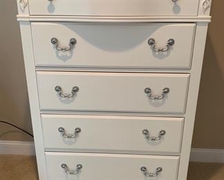 109. Carved White Highboy Dresser w/ 5 Drawers (36" x 20" x 50")