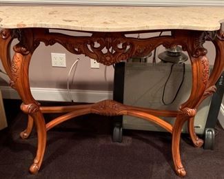 127. Carved Console Table w/ Stone Top and Cabriole Legs (46" x 16" x 34")