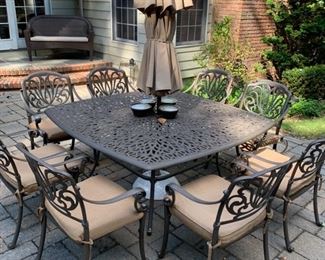 147. Cast Iron Dining Table & 8 Arm Chairs w/ Umbrella from Fortunoff (64" sq)147. Cast Iron Dining Table & 8 Arm Chairs w/ Umbrella from Fortunoff (64" sq)147. Cast Iron Dining Table & 8 Arm Chairs w/ Umbrella from Fortunoff (64" sq)147. Cast Iron Dining Table & 8 Arm Chairs w/ Umbrella from Fortunoff (64" sq)147. Cast Iron Dining Table & 8 Arm Chairs w/ Umbrella from Fortunoff (64" sq)