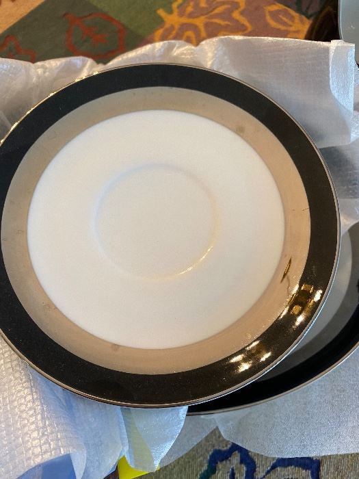 Porcelain china white gray and black service for 12 with extra pieces