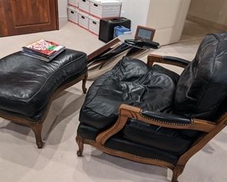 black leather and wood chair with matching ottoman $225