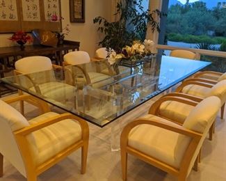 108" long, 54" wide, 29" high acrylic base, custom crafted and designed by Dallas artist. Includes 10 dining chairs upholstered in silk. there is wear on the seats. $2250 with all 10 chairs