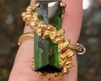 18k gold ring with green glass "gem"  $550