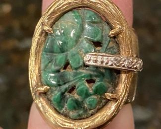 14k gold ring with carved jade. $625