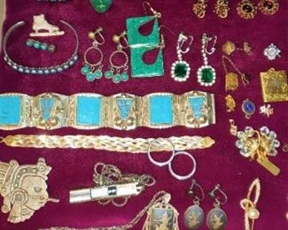 Sterling & Turquoise Jewelry, 18k clip on earrings, 14 k ring, charms, chain, 10k class ring, cameos
